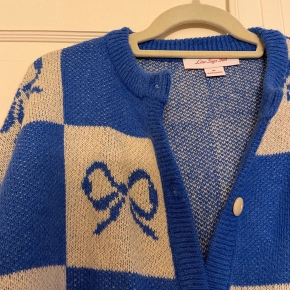 Lisa Says Gah Lauda Cardi in Blue Bow Check Size M/L - Picture 3 of 5
